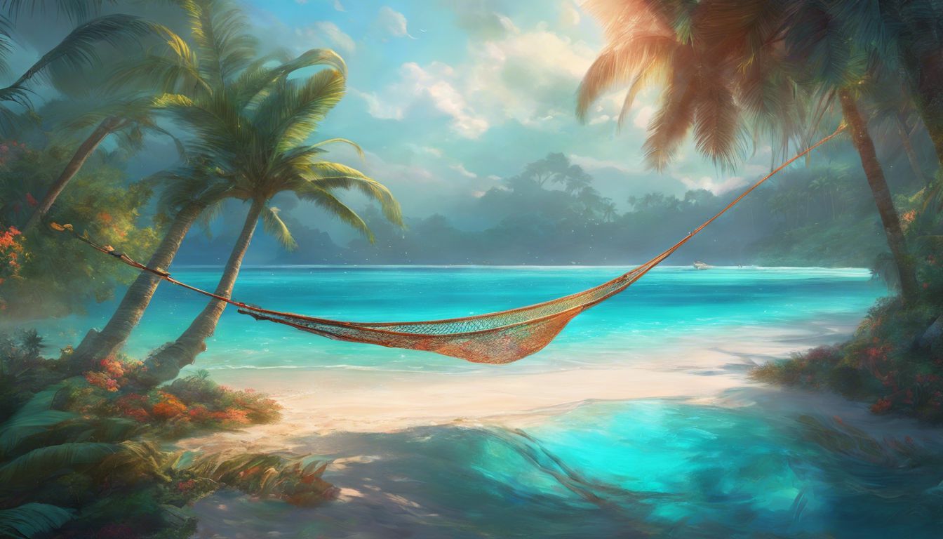 A serene tropical beach with a hammock between palm trees.