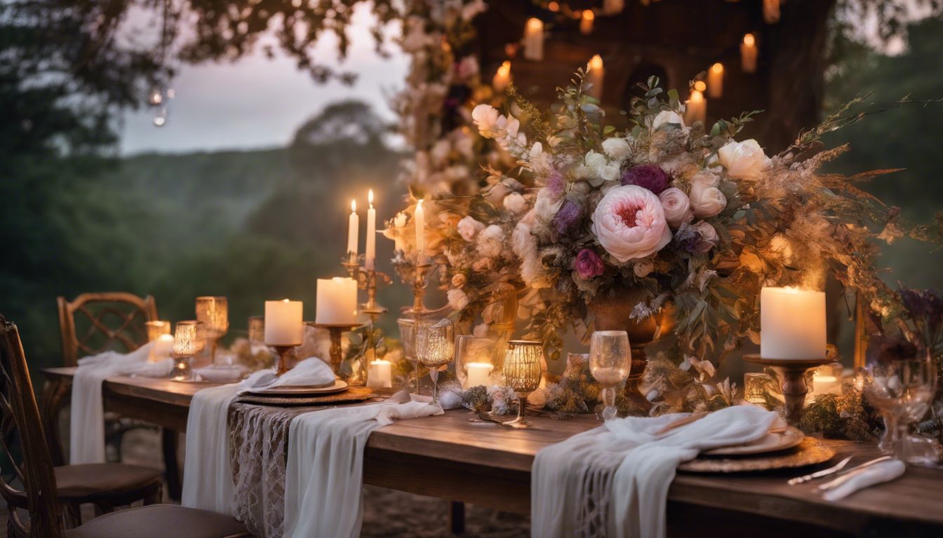 An outdoor table with stylish DIY centerpieces featuring floral and natural elements.