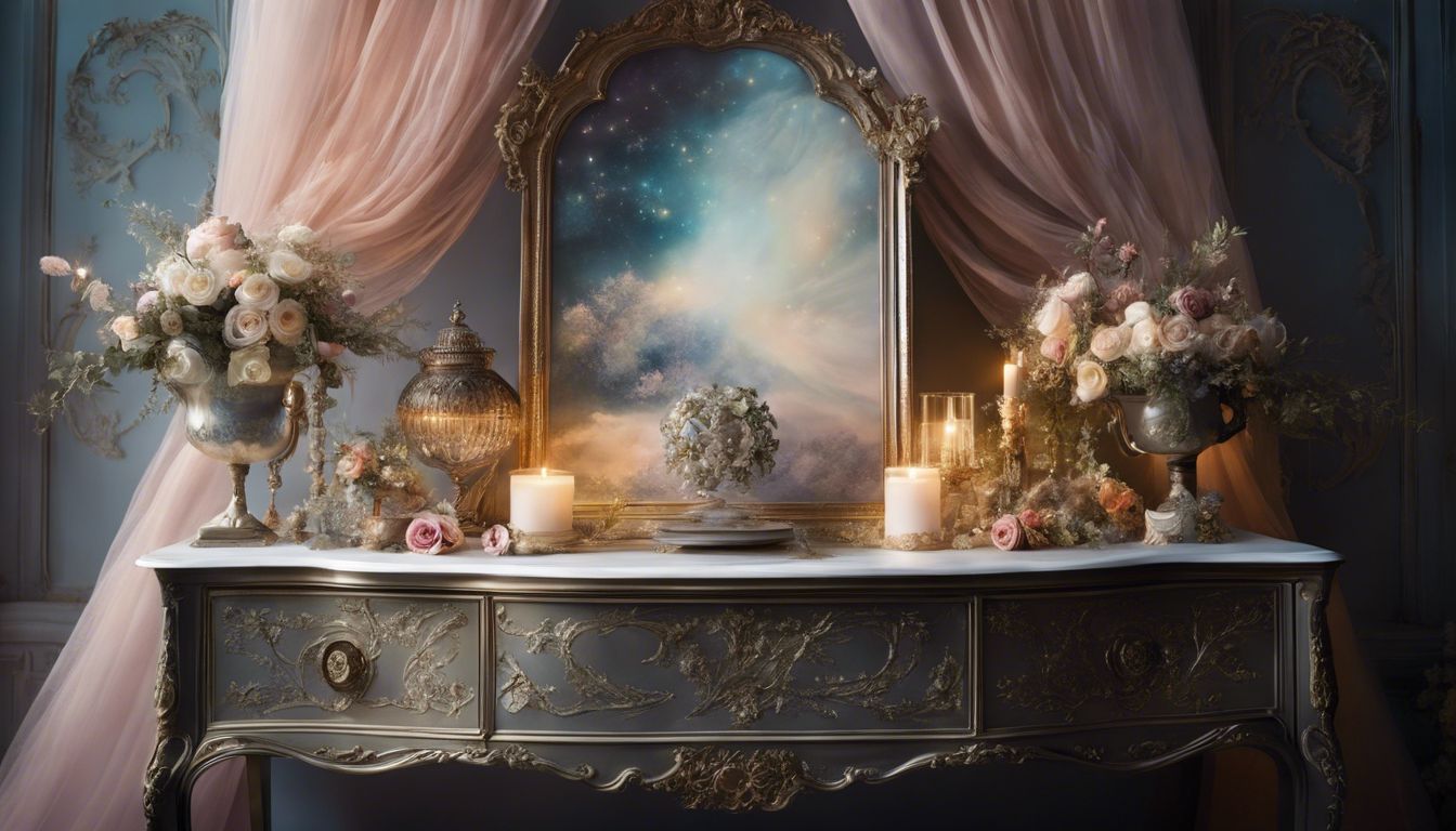 Wedding accessories arranged on vintage dresser create a sophisticated atmosphere.