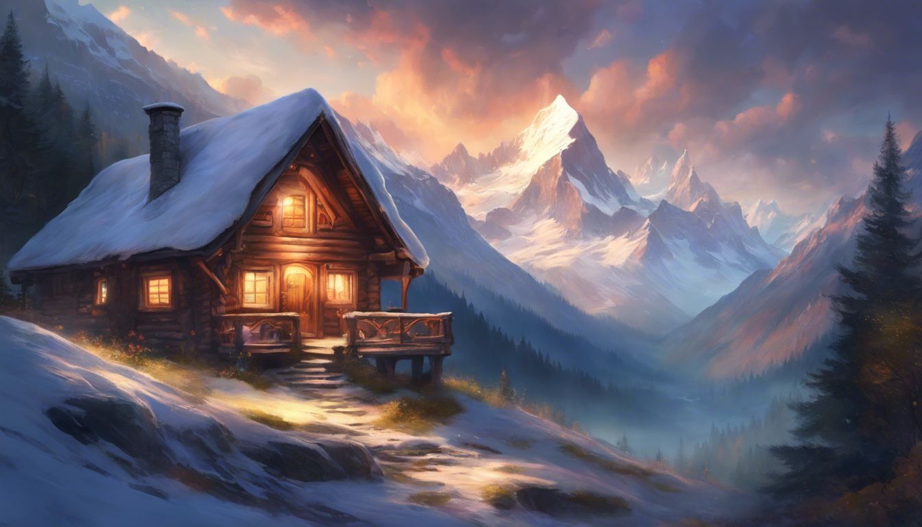 A cozy cabin surrounded by snow-capped mountains in the Swiss Alps.