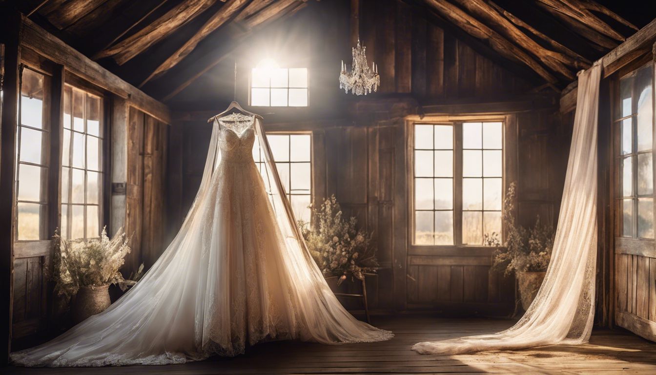 A wedding dress on a vintage hanger in a rustic barn.