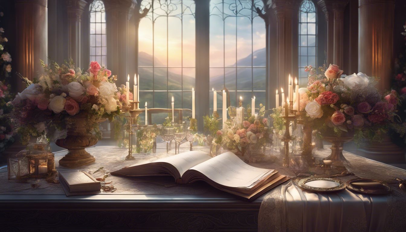 A wedding planning table with budget spreadsheets and floral arrangements.